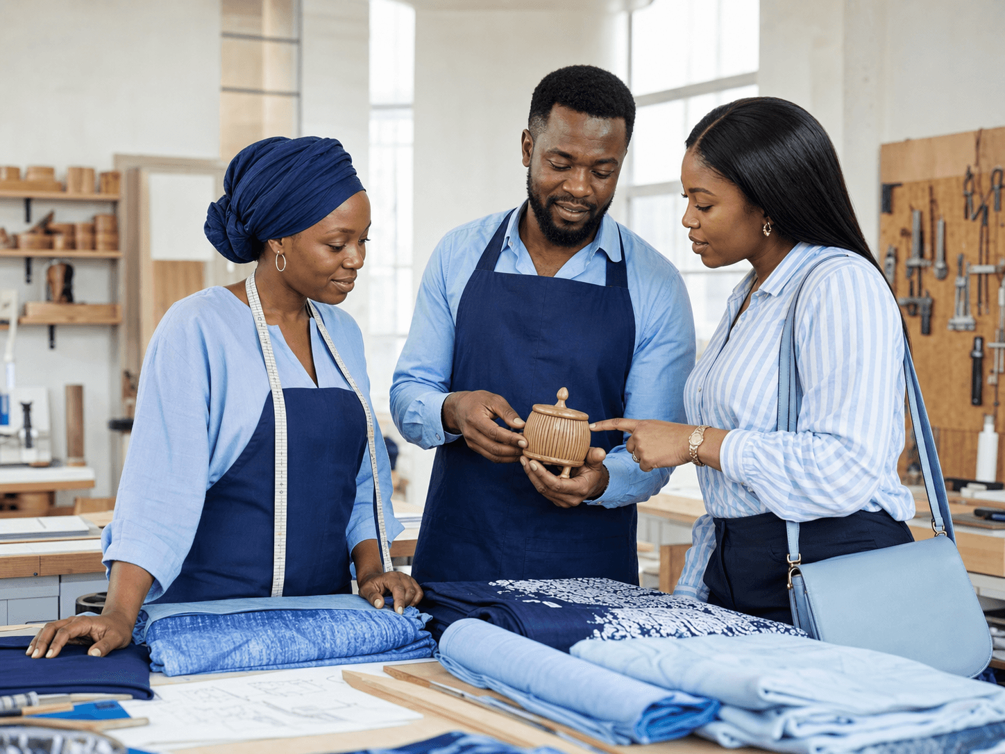 Nigerian artisans and a customer reviewing locally made work together